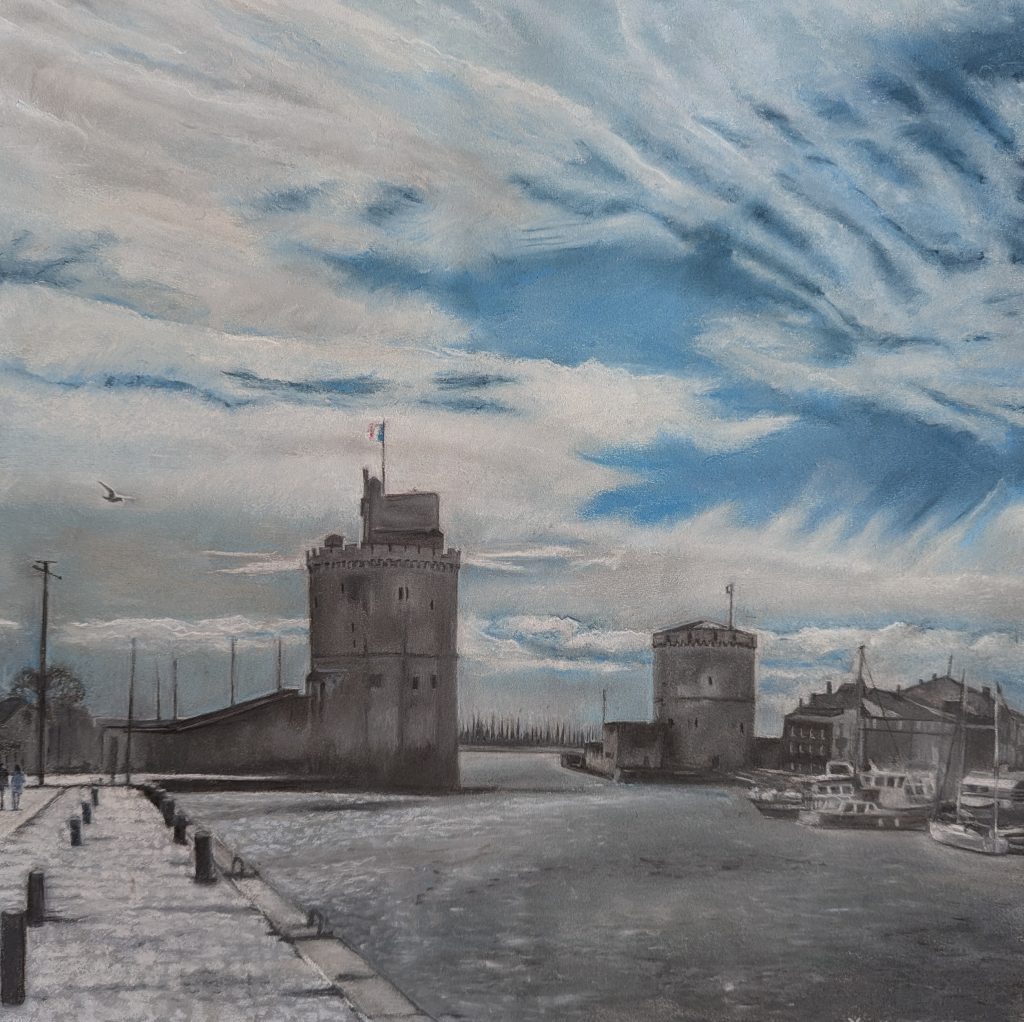Dessin réalisé a pastel sec du vieux port de la Rochelle