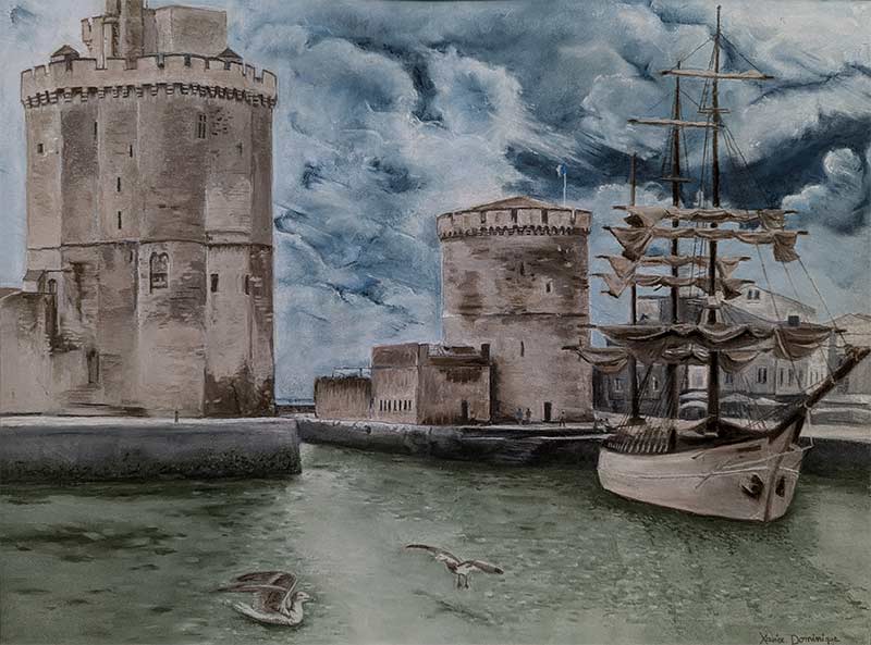 Dessin au pastel du vieux port de la Rochelle
