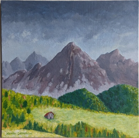 Peinture acrylique d'un paysage de montagne, collines et chalet dans la vallée
