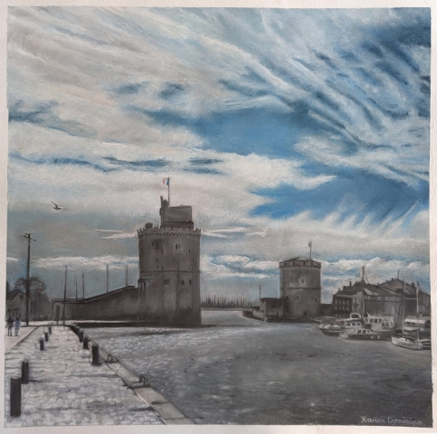 Dessin du vieux Port de la Rochelle. Vues sur la tour Saint-Nicolas et tour de la chaîne