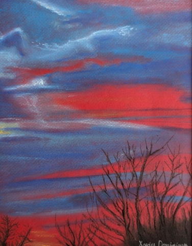 Vue d'une aurore écarlate dans le perche, dessin au pastel sec