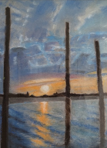 Dessin pastel d'une vue du Fleuve le Lay en fin de journée