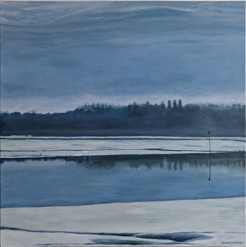 Etendu d'eau entourée de sable et de vase. Bande de terre et arbre à l'horizon. Reflets sur l'eau et ciel calme. 